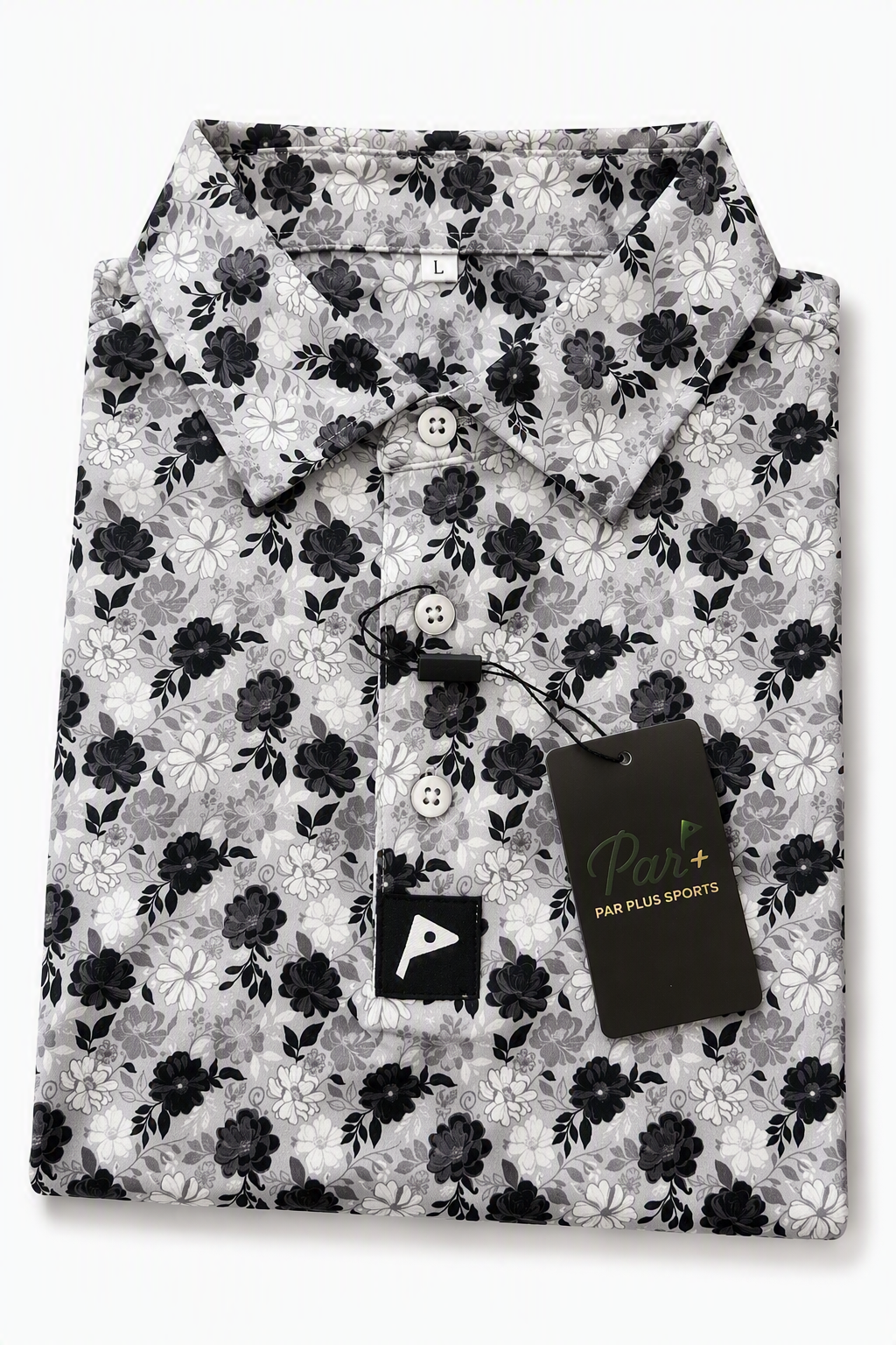 Premium Performance Golf Polo – Par Plus – Floral Gray and White