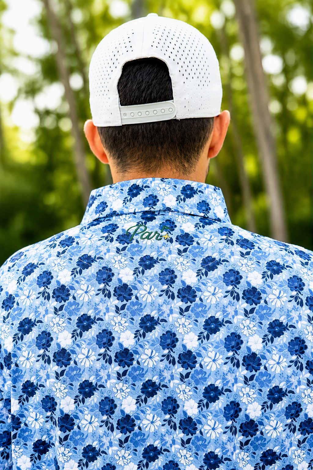 Premium Performance Golf Polo – Par Plus – Floral Blue and White