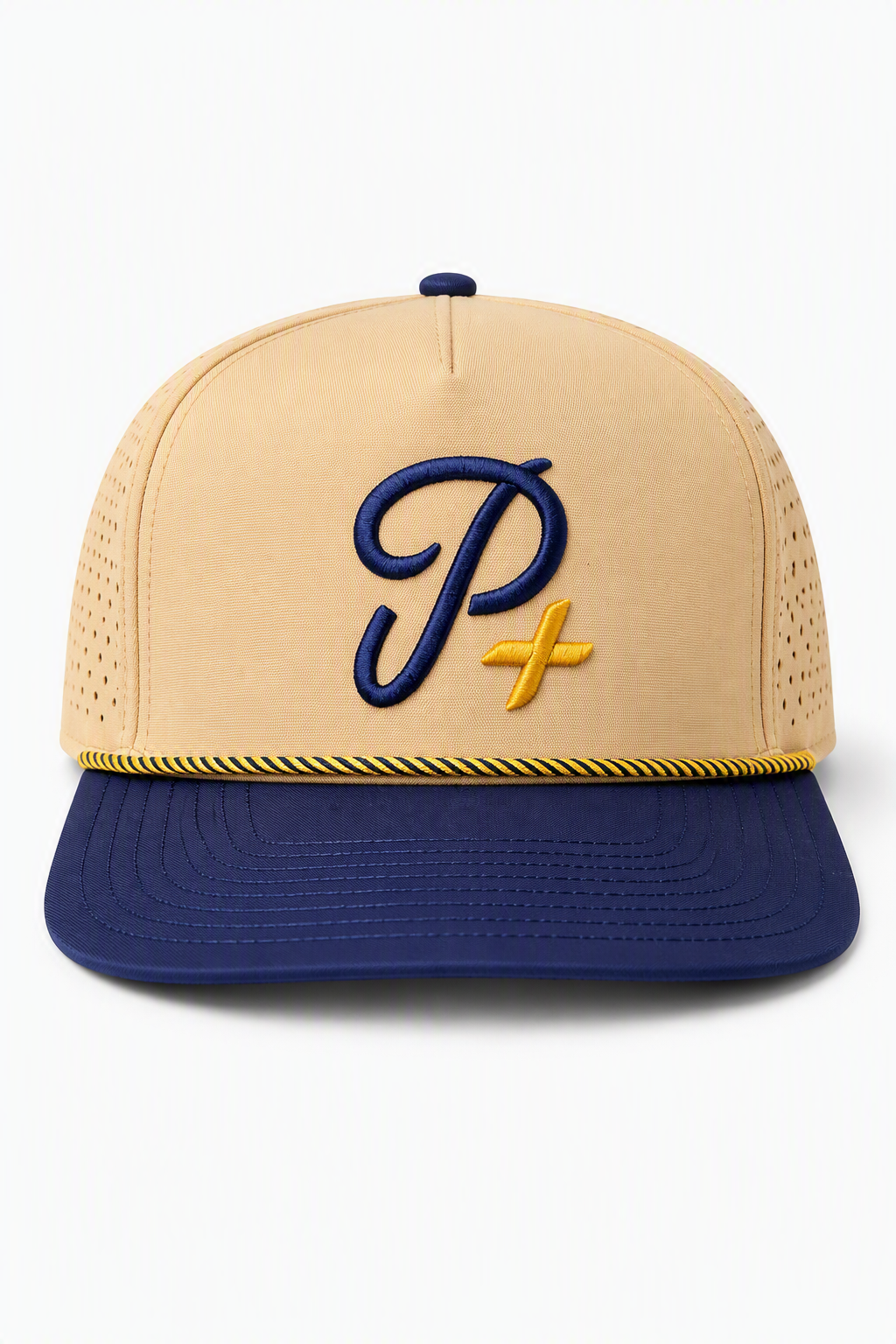 Premium Performance Flat Brim Golf Hat – Par Plus P+ - Beige and Dark Blue
