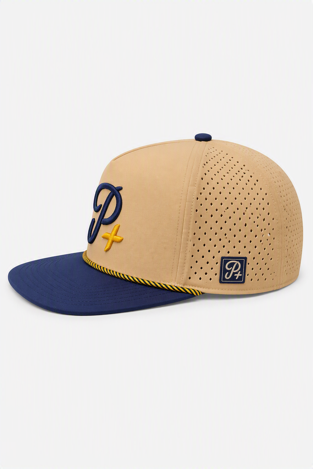 Premium Performance Flat Brim Golf Hat – Par Plus P+ - Beige and Dark Blue