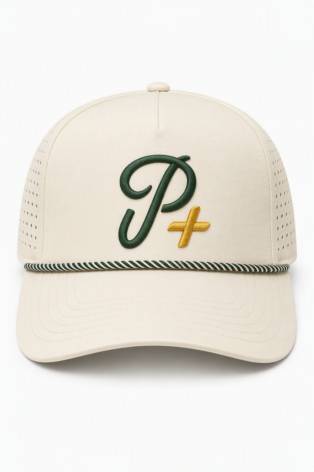 Premium Performance Curved Brim Golf Hat – Par Plus P+, Sand Color