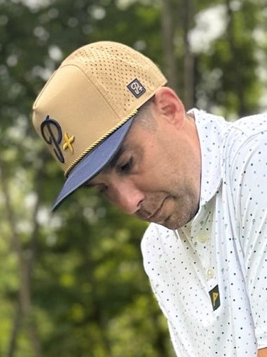 Premium Performance Flat Brim Golf Hat – Par Plus P+ - Beige and Dark Blue