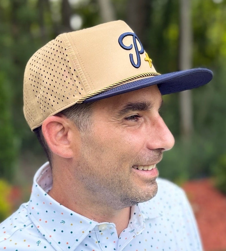 Premium Performance Flat Brim Golf Hat – Par Plus P+ - Beige and Dark Blue