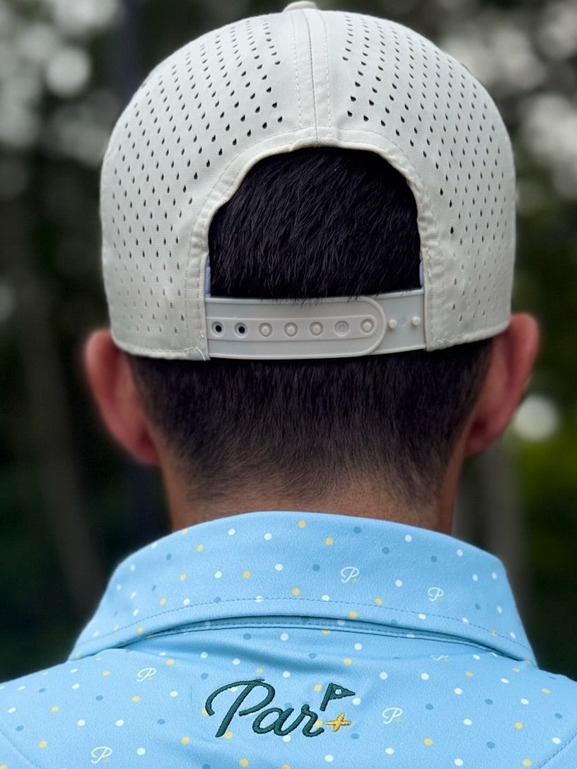 Premium Performance Curved Brim Golf Hat – Par Plus P+, Sand Color