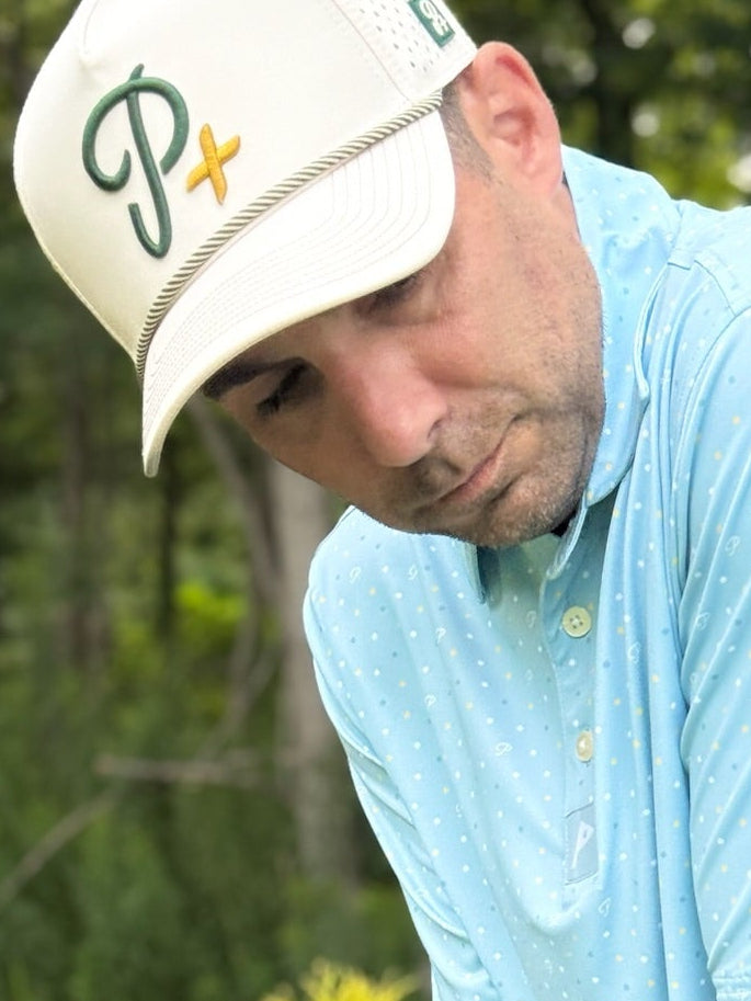 Premium Performance Curved Brim Golf Hat – Par Plus P+, Sand Color