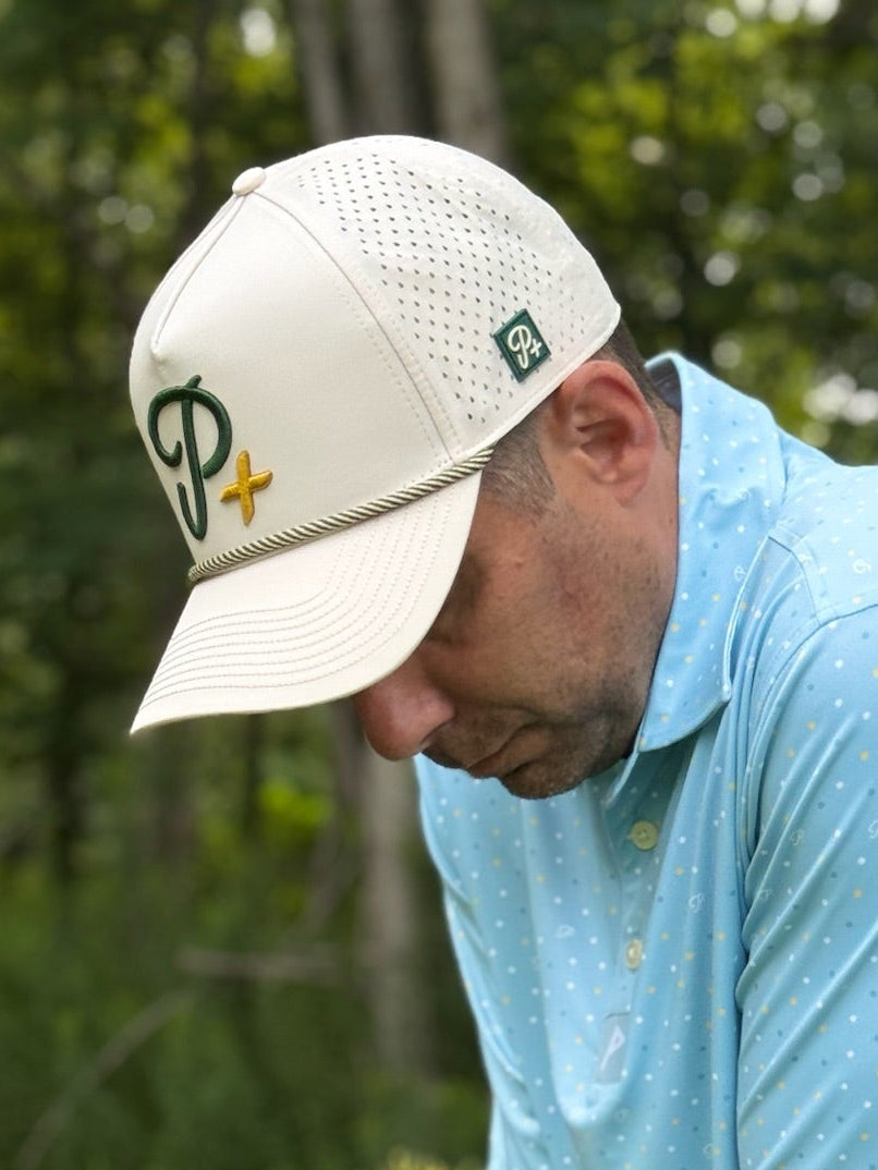 Premium Performance Curved Brim Golf Hat – Par Plus P+, Sand Color