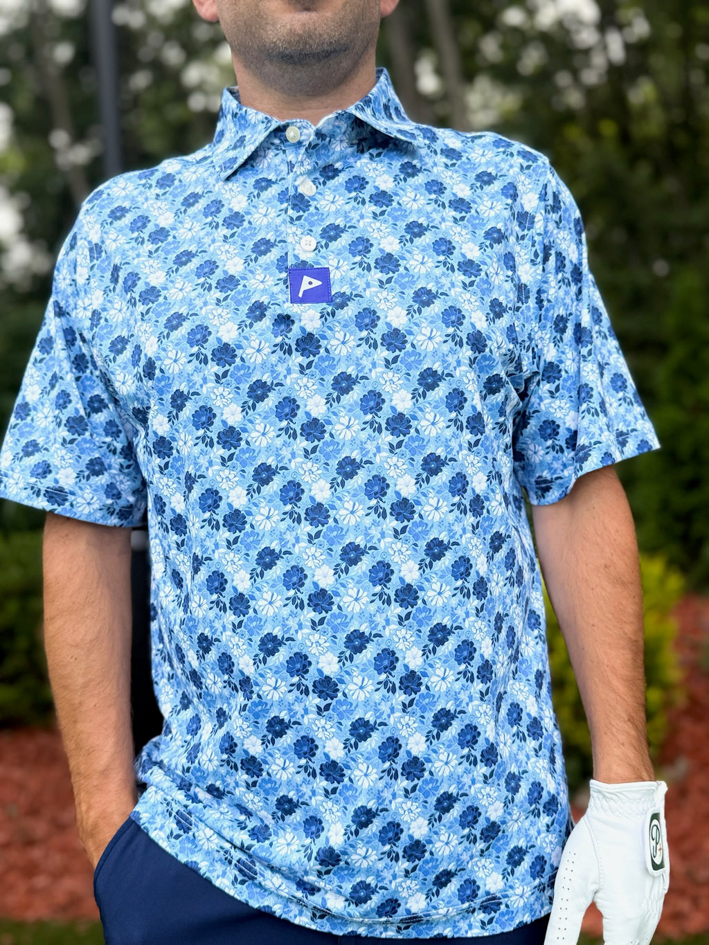 Premium Performance Golf Polo – Par Plus – Floral Blue and White