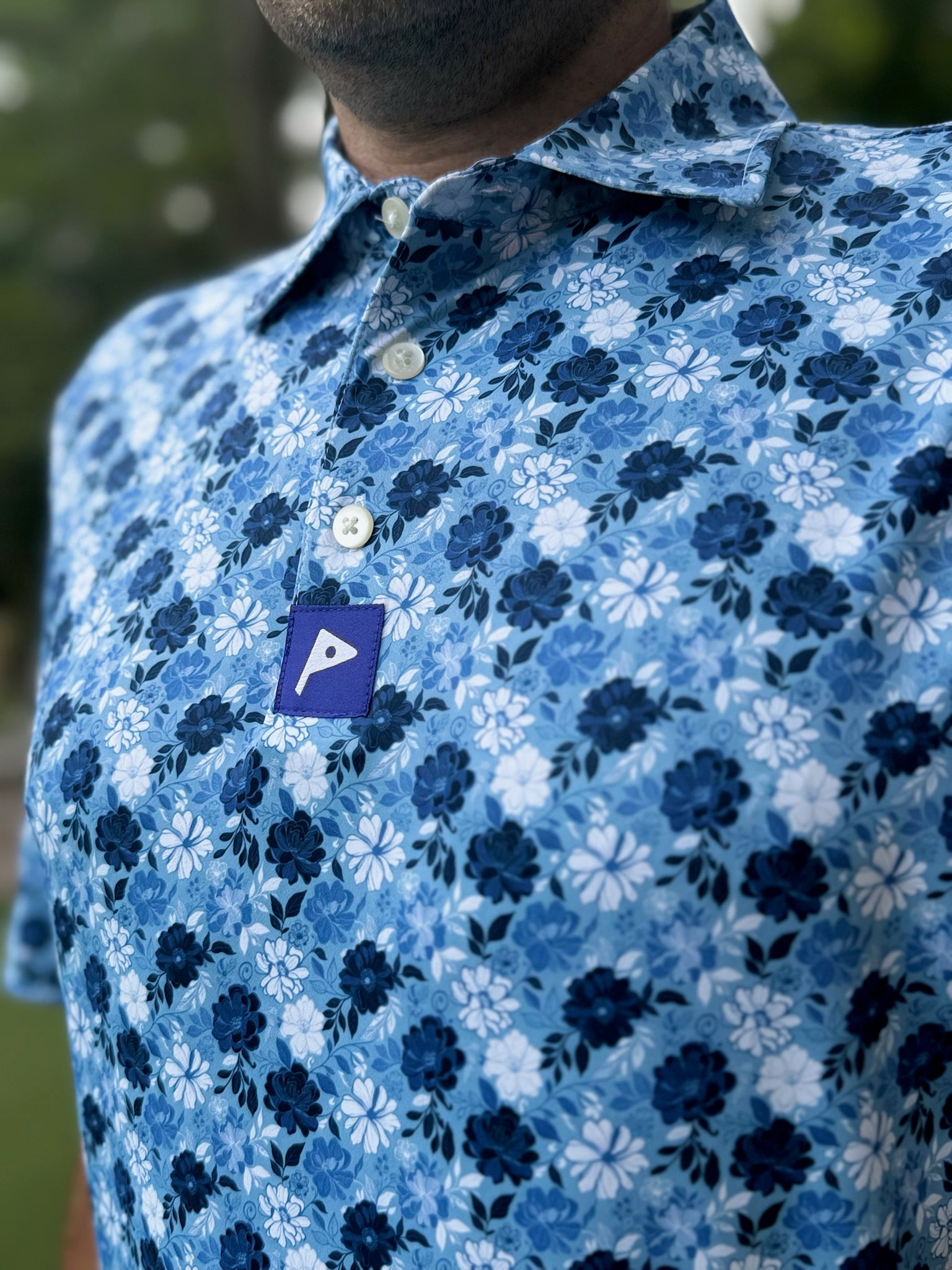Premium Performance Golf Polo – Par Plus – Floral Blue and White