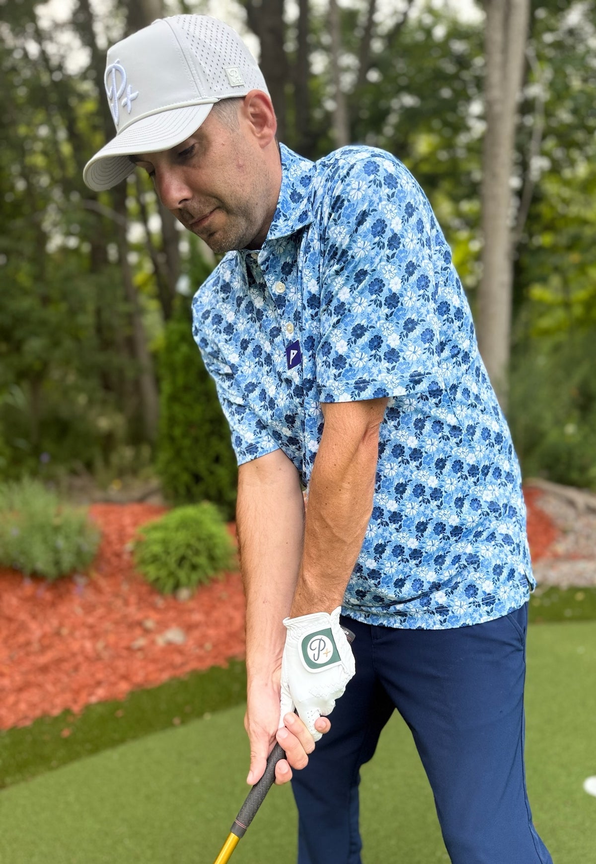 Premium Performance Golf Polo – Par Plus – Floral Blue and White