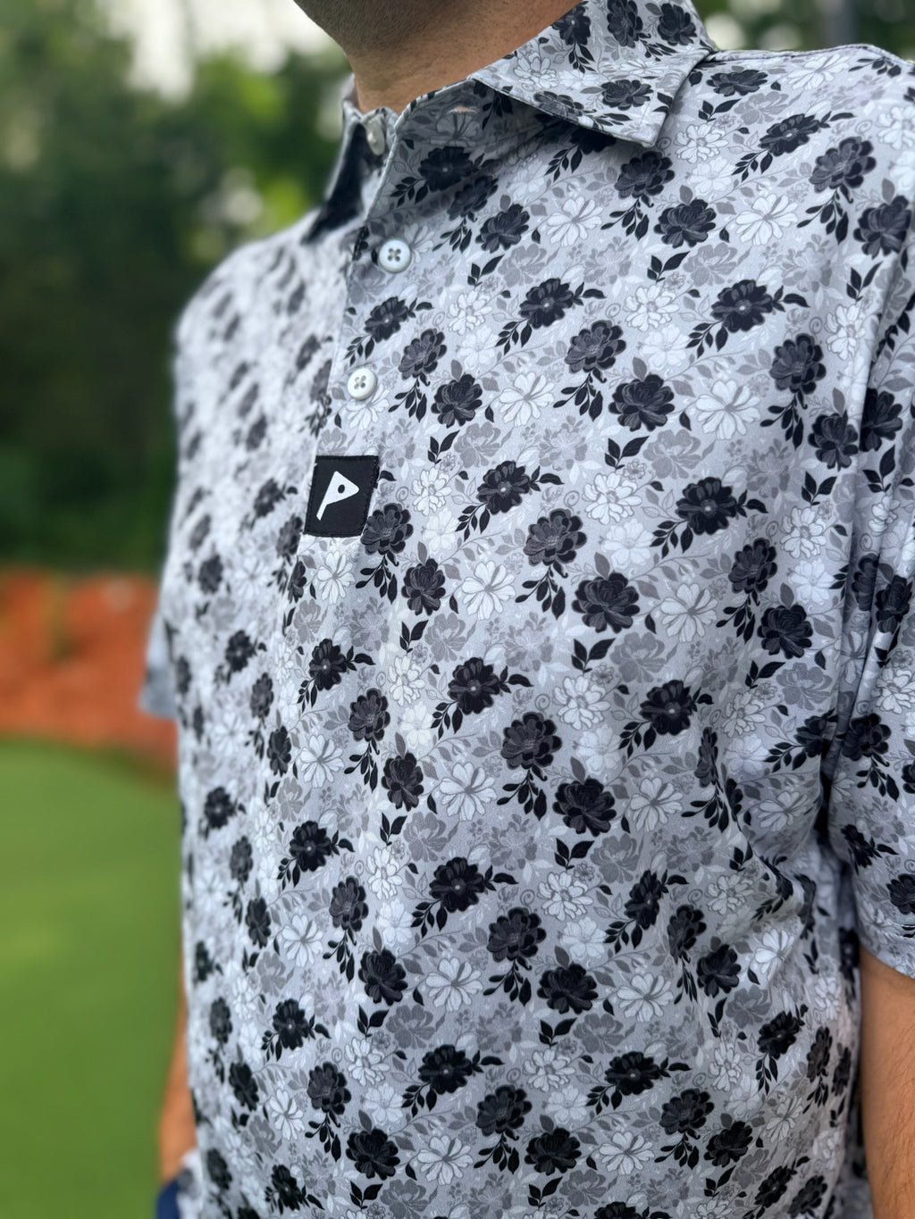 Premium Performance Golf Polo – Par Plus – Floral Gray and White