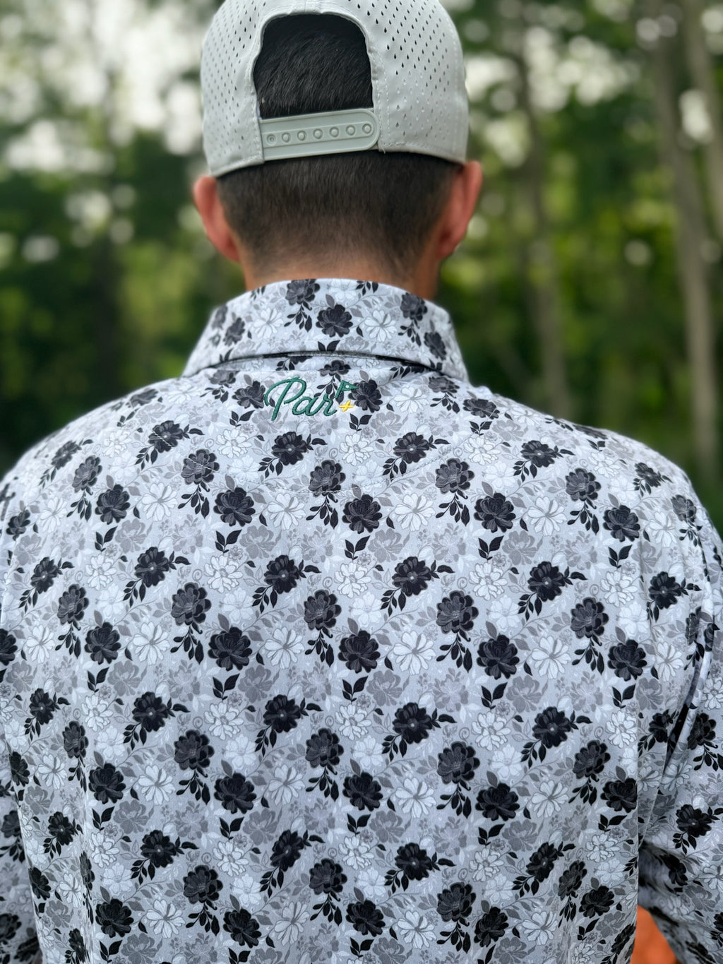Premium Performance Golf Polo – Par Plus – Floral Gray and White