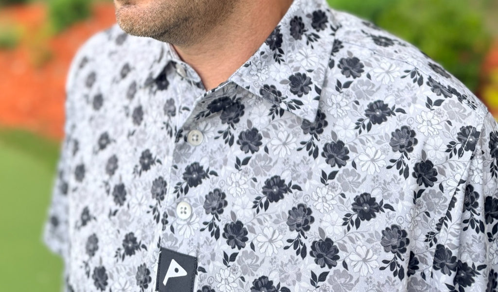 Premium Performance Golf Polo – Par Plus – Floral Gray and White