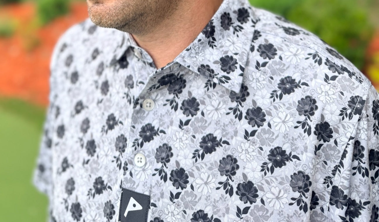 Premium Performance Golf Polo – Par Plus – Floral Gray and White