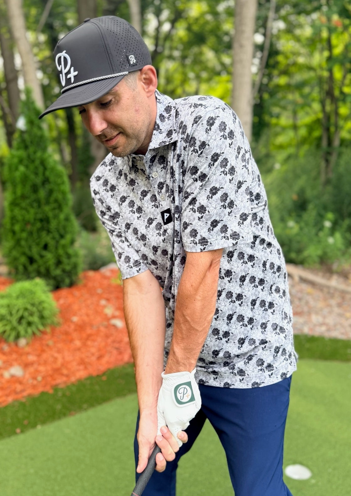 Premium Performance Golf Polo – Par Plus – Floral Gray and White