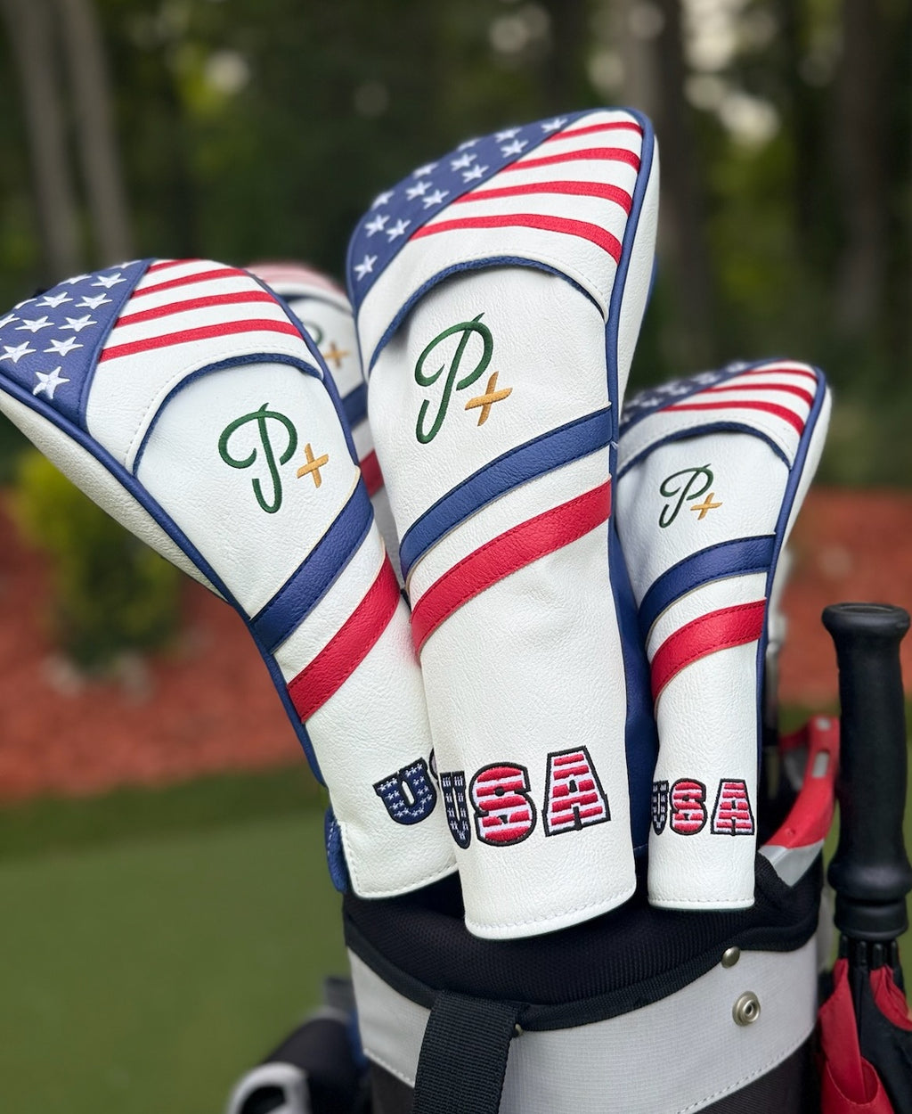Par+ USA Flag Golf Driver, Wood & Hybrid Headcover Set (1, 3, 5, Hybrid) – Patriotic