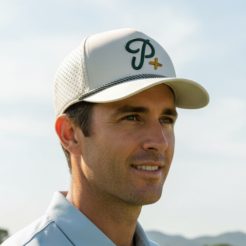 Premium Performance Curved Brim Golf Hat – Par Plus P+, Sand Color